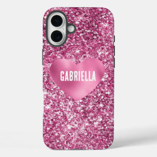 Pretty Pink Glitter Glam Heart iPhone 16 Plus Case