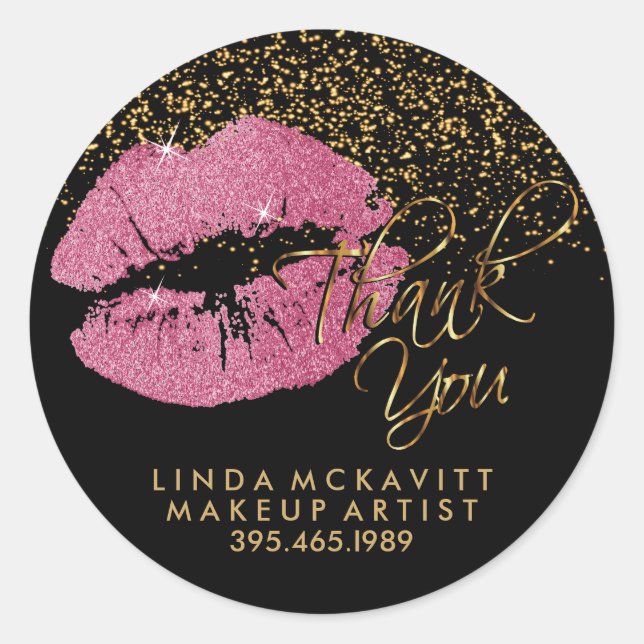 Pretty Pink Glitter Lipstick - Thank You Classic Round Sticker (Front)