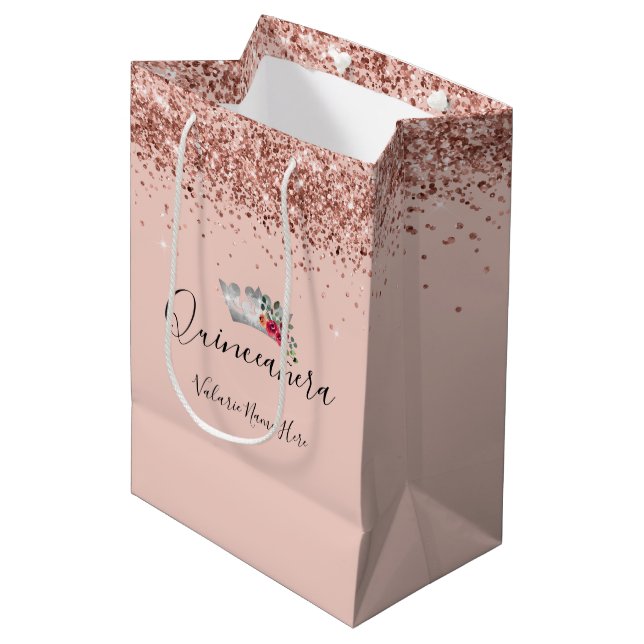 Pretty Pink Glitter Quinceanera Medium Gift Bag (Front Angled)