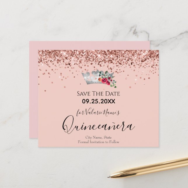 Pretty Pink Glitter Quinceanera Save the Date (Front/Back In Situ)