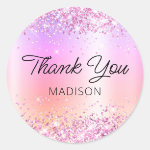 Pretty Pink Glitter Rainbow Shimmer Thank You Classic Round Sticker