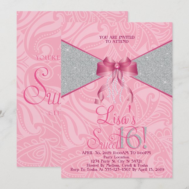 Pretty Pink, Glitter Sweet Sixteen Invitations (Front/Back)