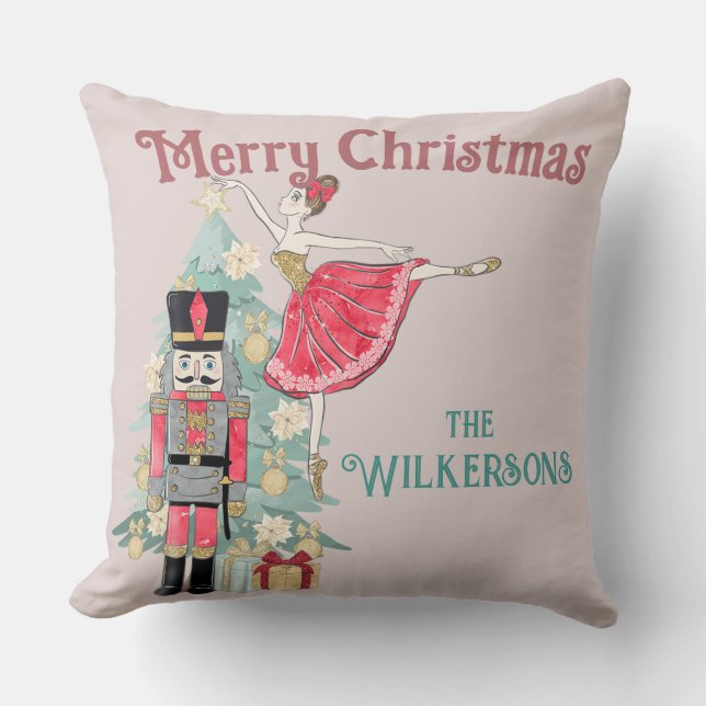 Pretty Pink Glitter & Teal Nutcracker Christmas Cushion (Front)