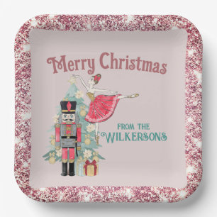 Pretty Pink Glitter & Teal Nutcracker Christmas Paper Plate