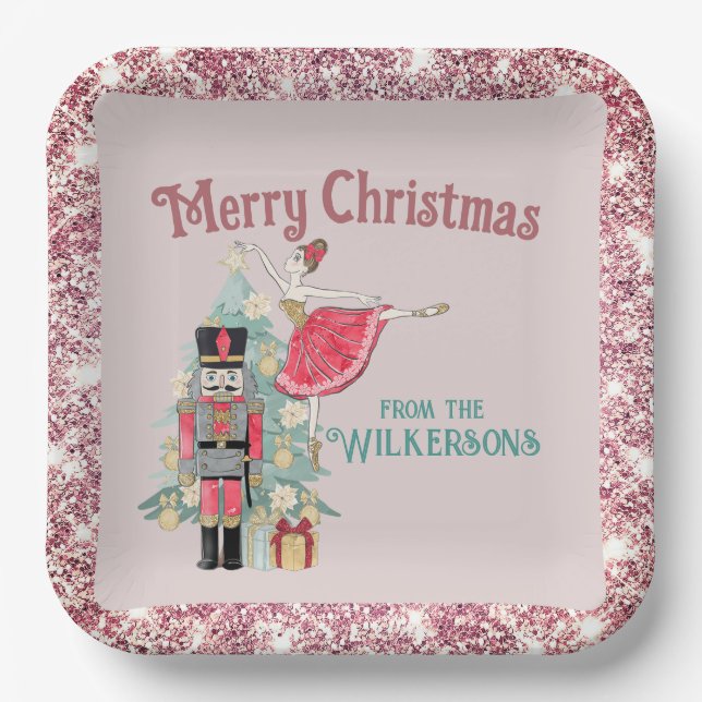 Pretty Pink Glitter & Teal Nutcracker Christmas Paper Plate (Front)