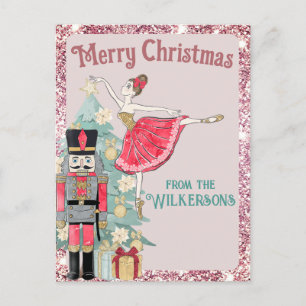 Pretty Pink Glitter & Teal Nutcracker Christmas Postcard