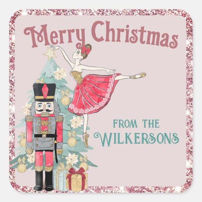 Pretty Pink Glitter & Teal Nutcracker Christmas Square Sticker (Front)