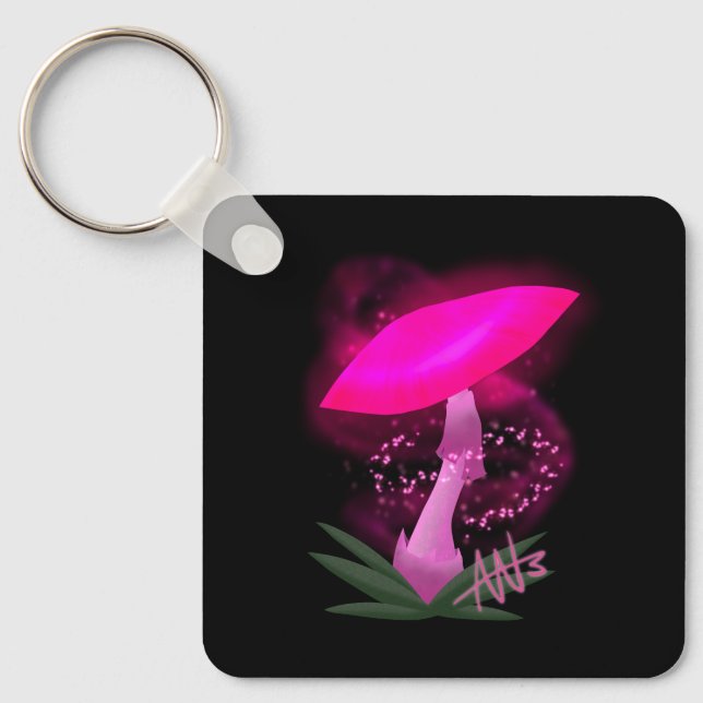 Pretty Pink Glowing Mushroom Metal Key Ring (Front)