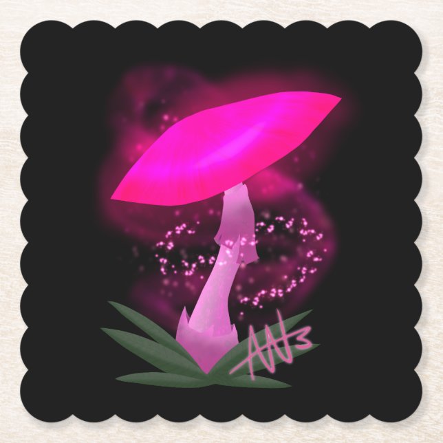 Pretty Pink Glowing Mushroom Paper Coaster (Front)