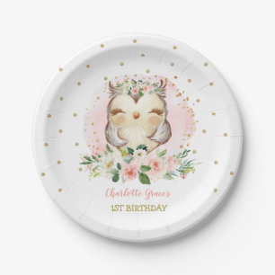 Pretty Pink Gold Baby Owl Girls Birthday Favours Paper Plate