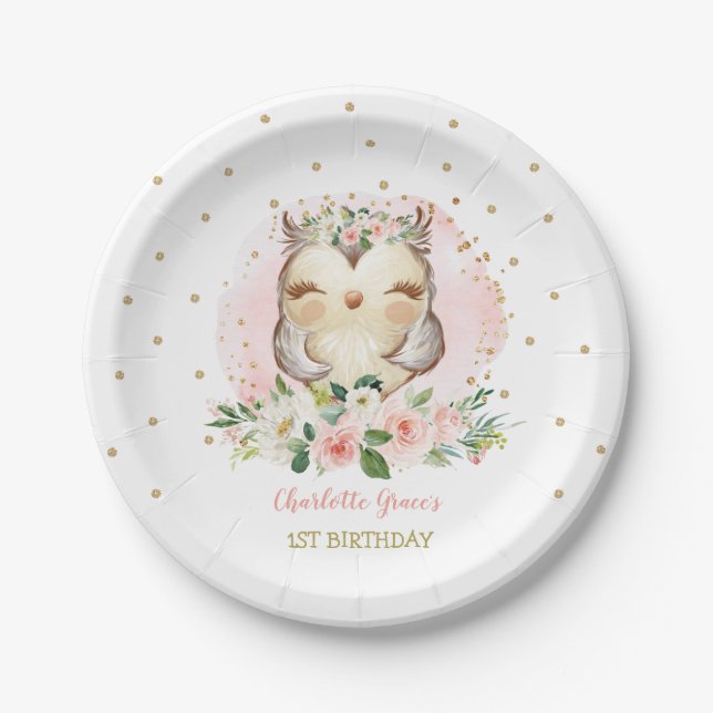 Pretty Pink Gold Baby Owl Girls Birthday Favours Paper Plate (Front)