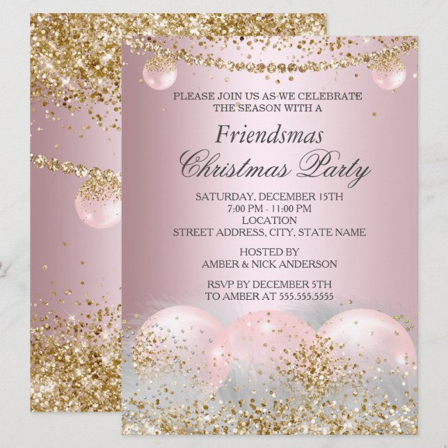 Pretty Pink Gold Bauble Friendsmas Christmas Party Invitation (Front/Back)