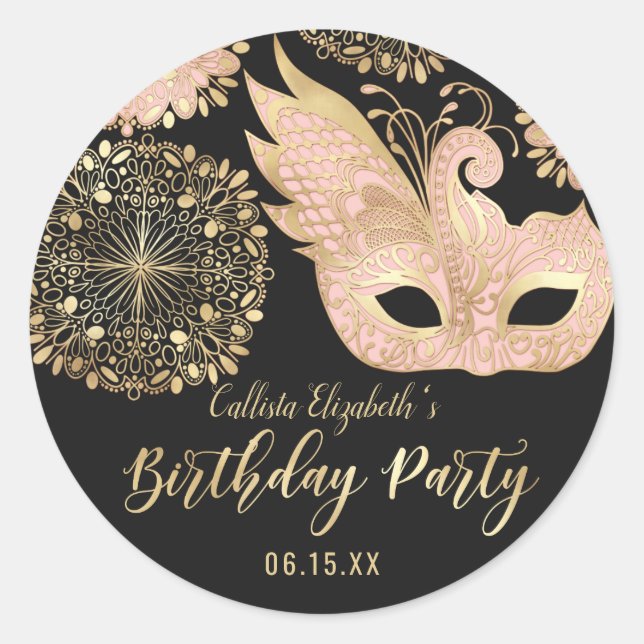 Pretty Pink Gold Black Masquerade Mask Birthday Classic Round Sticker (Front)
