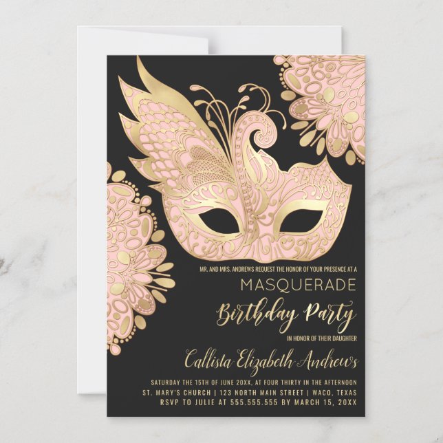 Pretty Pink Gold Black Masquerade Mask Birthday Magnetic Invitation (Front)