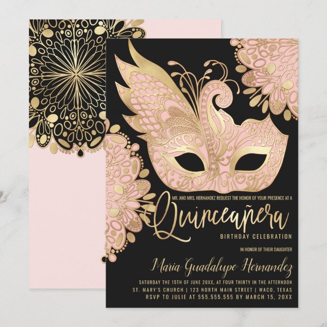 Pretty Pink Gold Black Masquerade Mask Quinceañera Invitation (Front/Back)