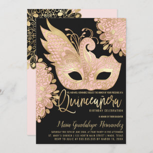 Pretty Pink Gold Black Masquerade Mask Quinceañera Invitation