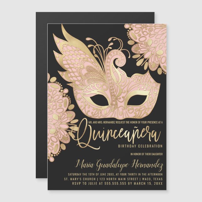 Pretty Pink Gold Black Masquerade Mask Quinceañera Magnetic Invitation (Front/Back)