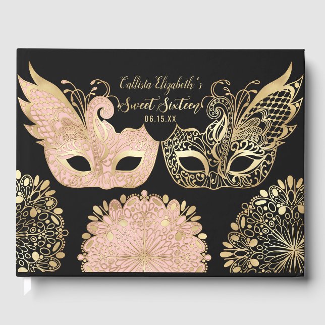 Pretty Pink Gold Black Masquerade Mask Sweet 16 Guest Book (Front)