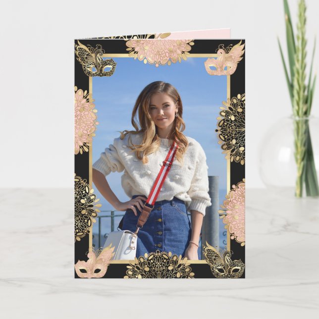 Pretty Pink Gold Black Masquerade Mask Sweet 16 Invitation (Front)