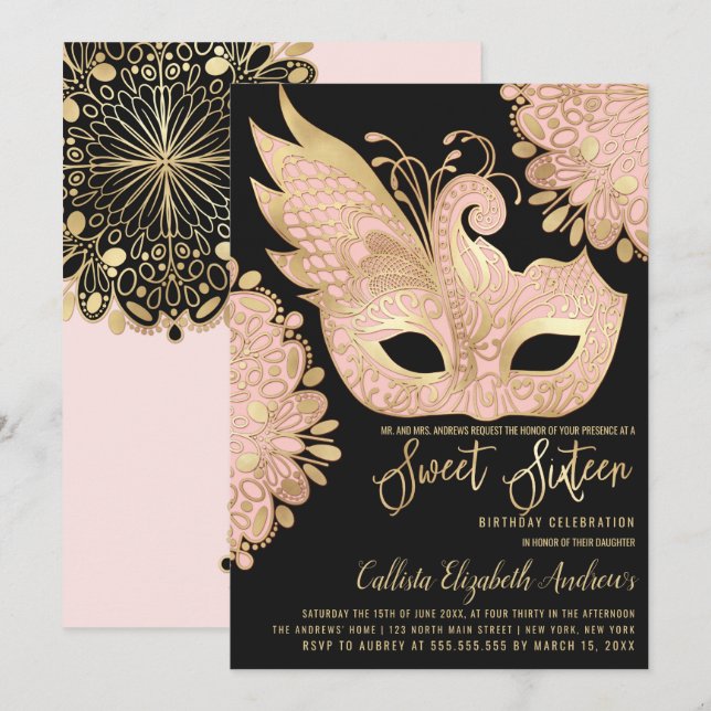 Pretty Pink Gold Black Masquerade Mask Sweet 16 Invitation (Front/Back)