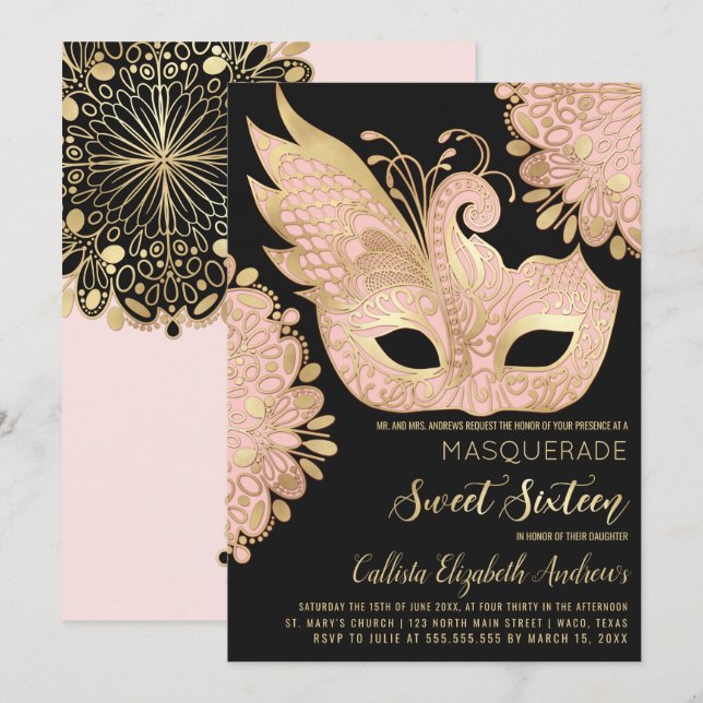 Pretty Pink Gold Black Masquerade Mask Sweet 16 Invitation (Front/Back)