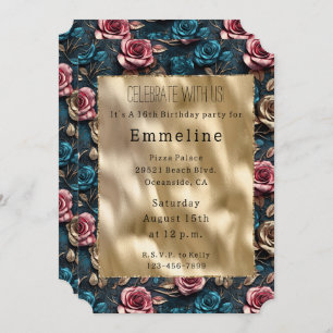 Pretty Pink Gold Blue Roses  Invitation