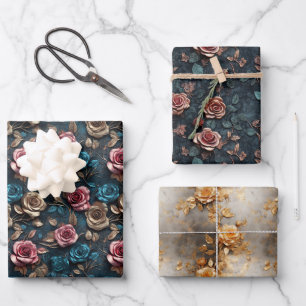 Pretty Pink Gold Blue Roses Wrapping Paper Sheet