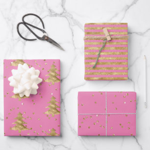 Pretty Pink Gold Christmas Tree Glitz Wrapping Paper Sheet