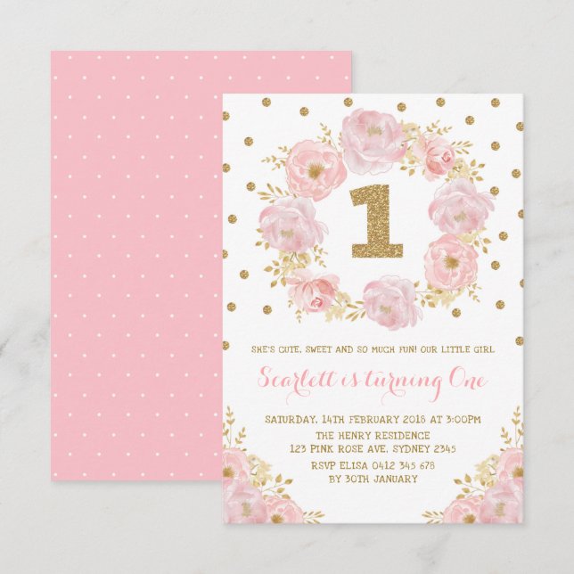 Pretty Pink Gold Floral 1st First Birthday Party Invitation (Front/Back)