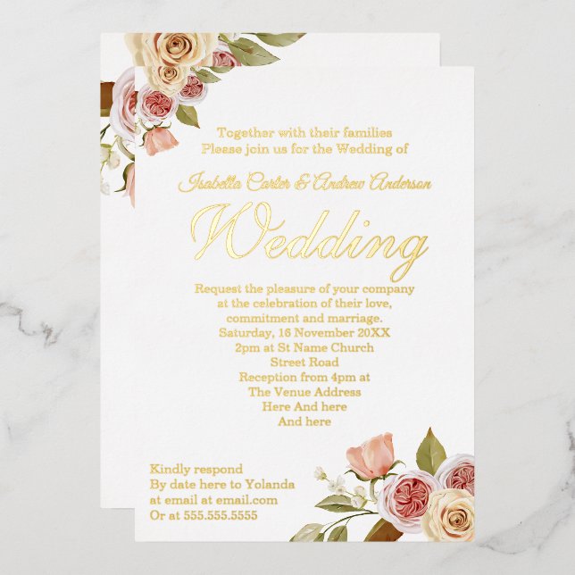 Pretty Pink Gold Floral Elegant Wedding (Front/Back)