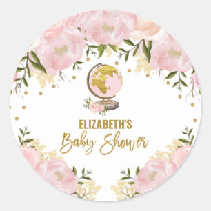 Pretty Pink Gold Floral Travel Baby Shower Favours Classic Round Sticker