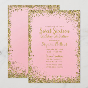 Pretty Pink & Gold Glitter Edge Sweet 16 Party Invitation