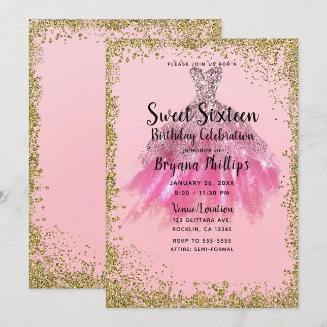 Pretty Pink Gold Glitter Party Dress Sweet 16 Invitation (Front/Back)