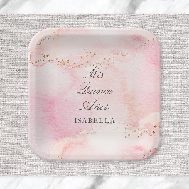Pretty Pink + Gold Quinceañera Mis Quince Años Paper Plate (Creator Uploaded)