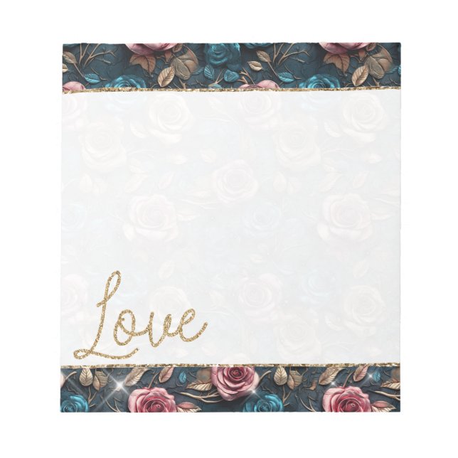 Pretty Pink Gold Roses Glitter Love Notepad (Front)