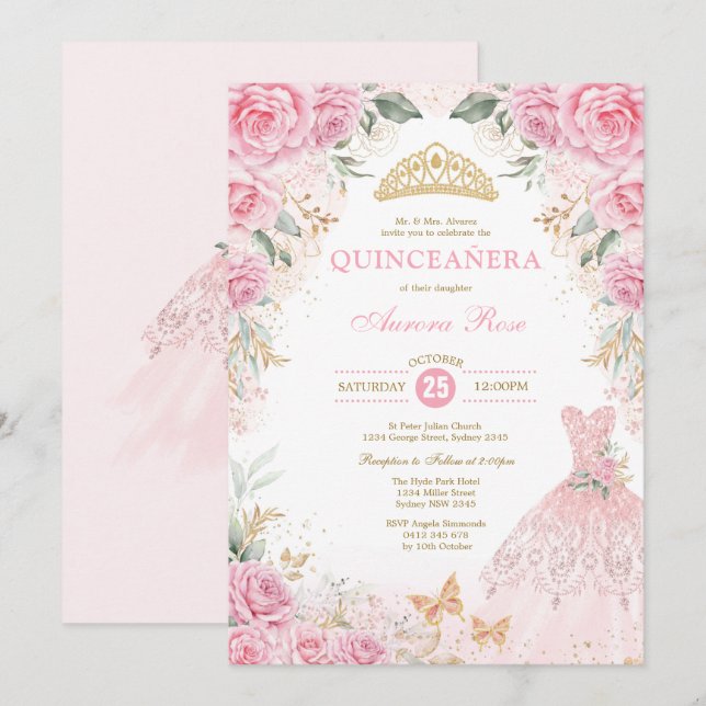 Pretty Pink Gold Roses Princess Dress Quinceañera  Invitation (Front/Back)