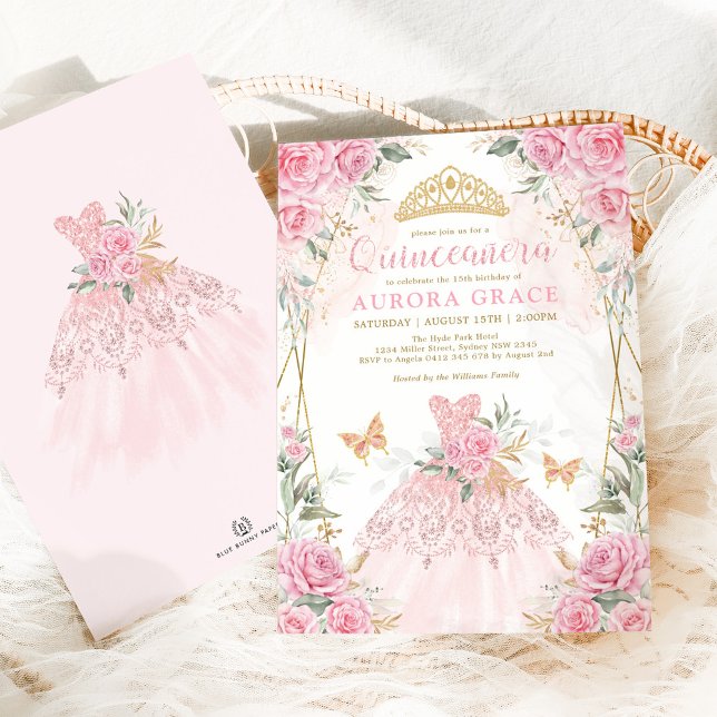 Pretty Pink Gold Roses Princess Dress Quinceañera Invitation (Creator Uploaded)