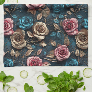 Pretty Pink Gold Roses Tea Towel