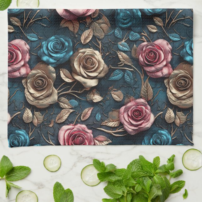 Pretty Pink Gold Roses  Tea Towel (Folded)