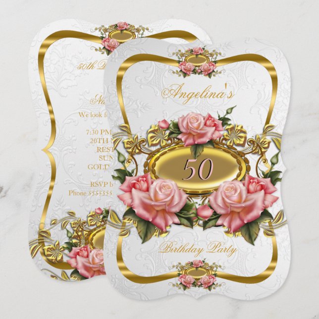 Pretty Pink Gold Roses White 50th Birthday Party Invitation (Front/Back)