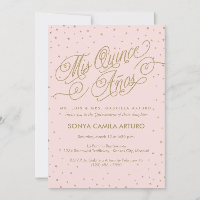Pretty Pink & Gold Stars Quinceañera 15th Birthday Invitation (Front)