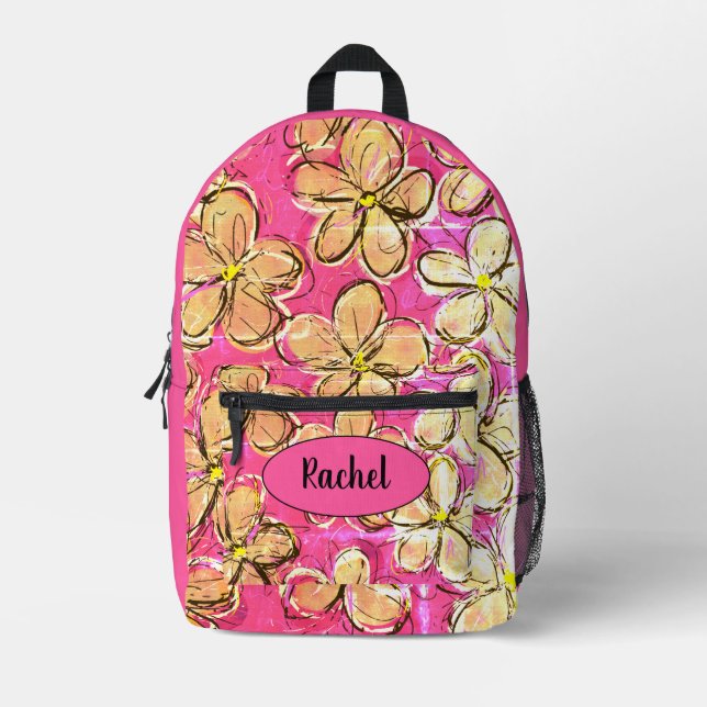 Pretty Pink Gold Tropical Flower  Printed Backpack (Front)