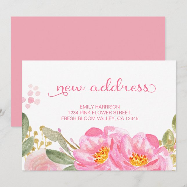 Pretty Pink Gold Watercolor Floral New Address Announcement (Front/Back)