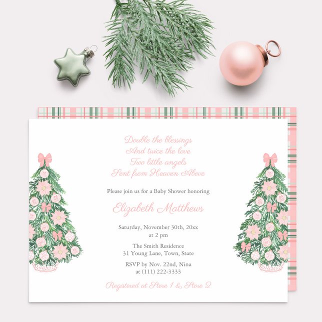 Pretty Pink Green Christmas Twin Girls Baby Shower Invitation (Maximalist pink chinoiserie, poinsettia and bows invitation for twin baby girls shower party)