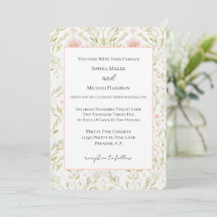 Pretty Pink Green Floral Wedding Invitation