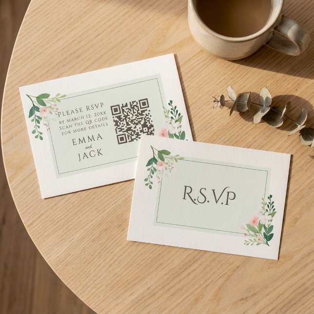 Pretty Pink green Floral Wedding RSVP QR Code Enclosure Card (Pretty Pink green Floral Wedding RSVP QR Code Enclosure Card.)