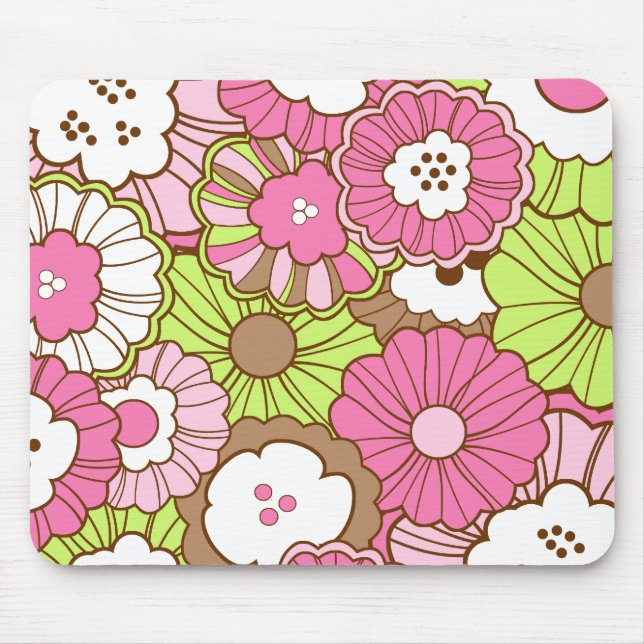 Pretty Pink Green Flowers Spring Floral Pattern Mouse Mat (Front)