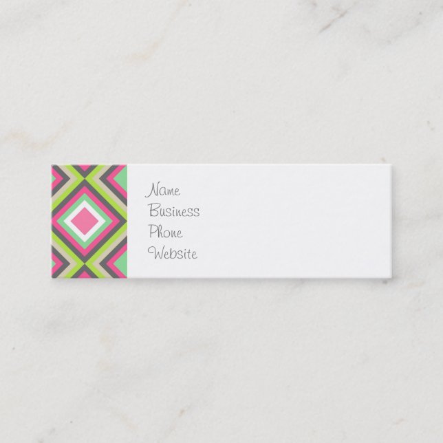 Pretty Pink Green Grey Diamonds Square Pattern Mini Business Card (Front)