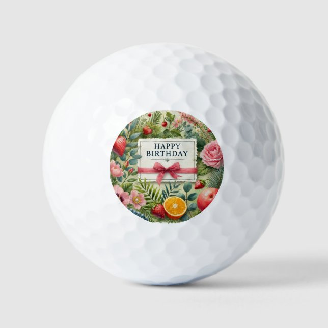Pretty Pink Green Happy Birthday Golf Balls (Front)