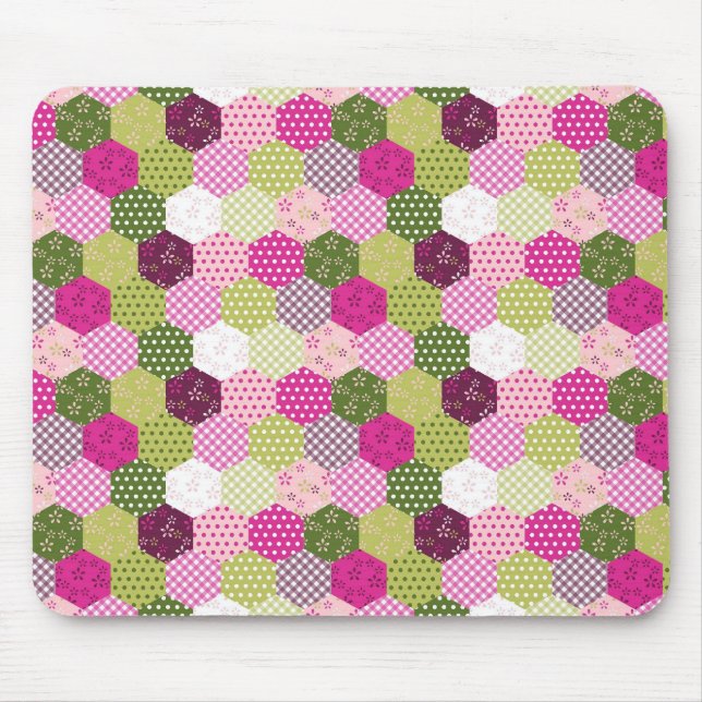 Pretty Pink Green Mulberry Patchwork Quilt Design Mouse Mat (Front)